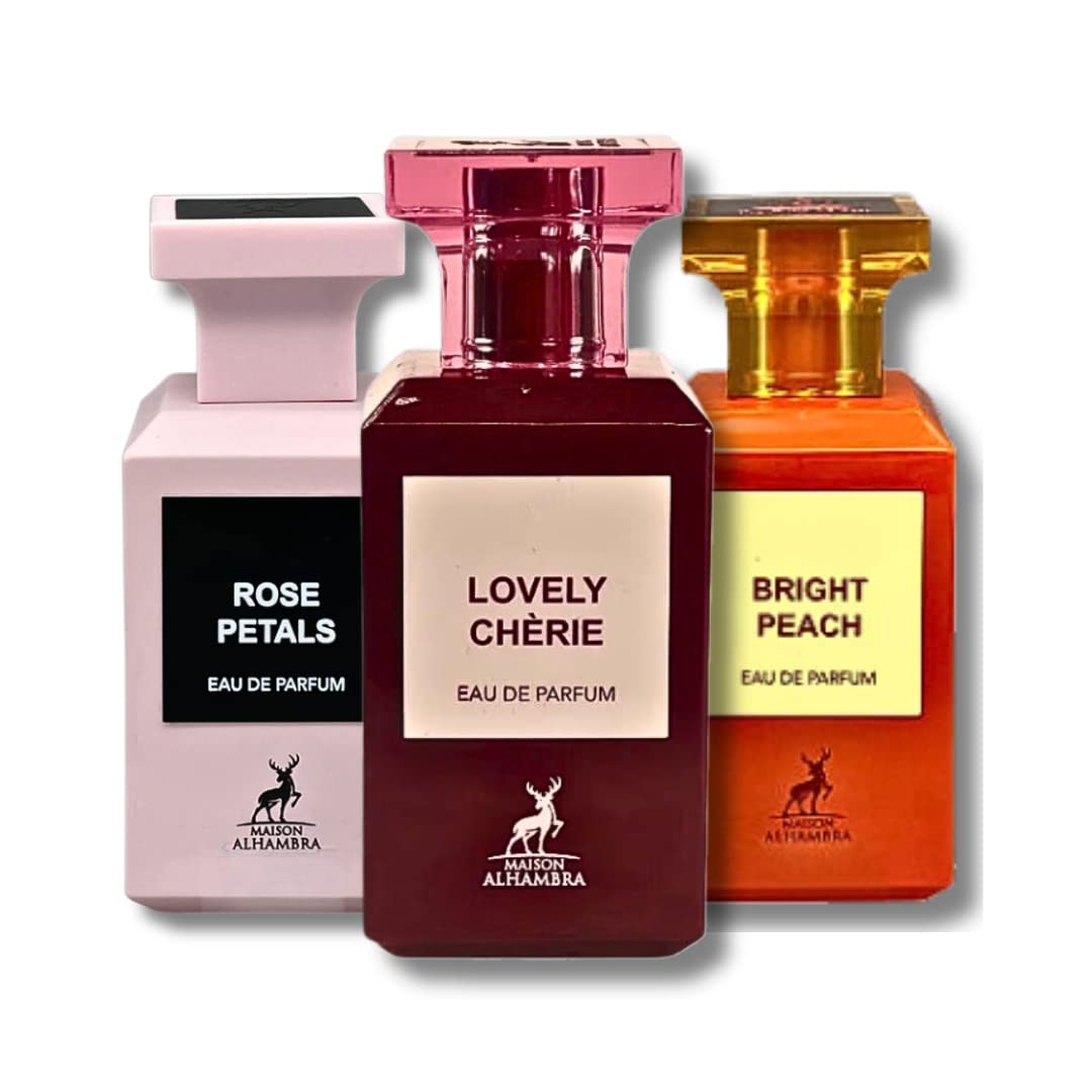 Maison Alhambra Rose Petals, Bright Peach, & Lovely Cherie EDP - 80Ml (2.7 Oz) (WHAT A BUNDLE)