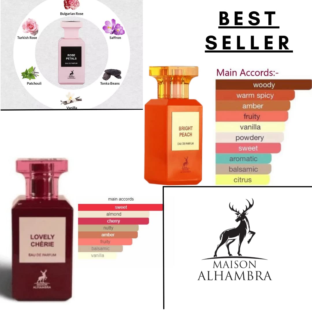 Maison Alhambra Rose Petals, Bright Peach, & Lovely Cherie EDP - 80Ml (2.7 Oz) (WHAT A BUNDLE)