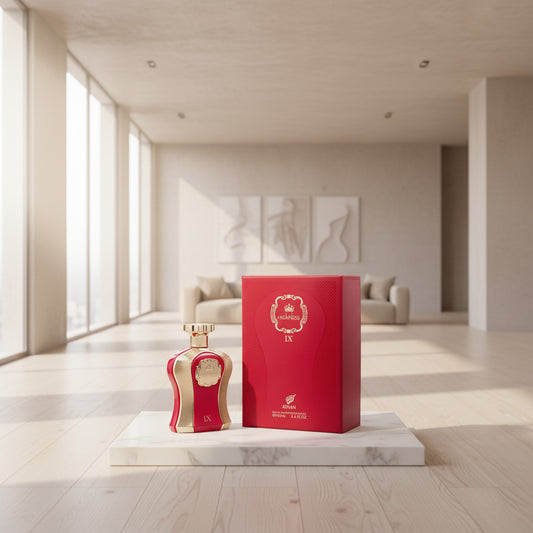 Afnan Highness beautiful maroon and gold bottle with a box to match gold and marron as well.